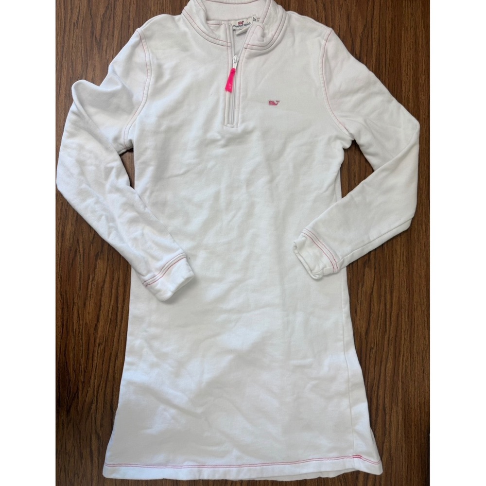 Vineyard Vines Girls White Pink Contrast Shep Shirt Dress Size L 14 Cotton Zip